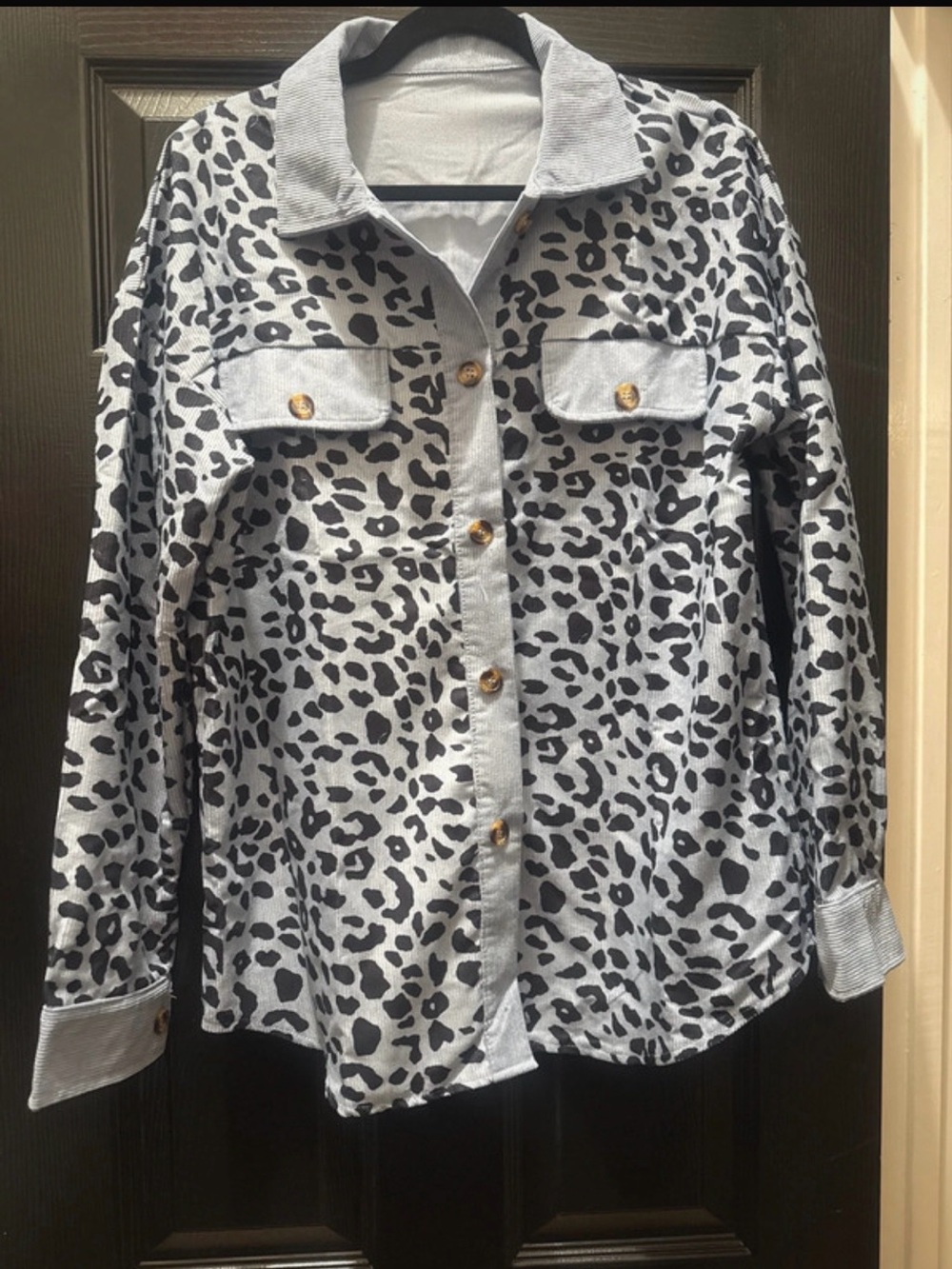 Leopard Print Button-Up Jacket in Light Blue and Black